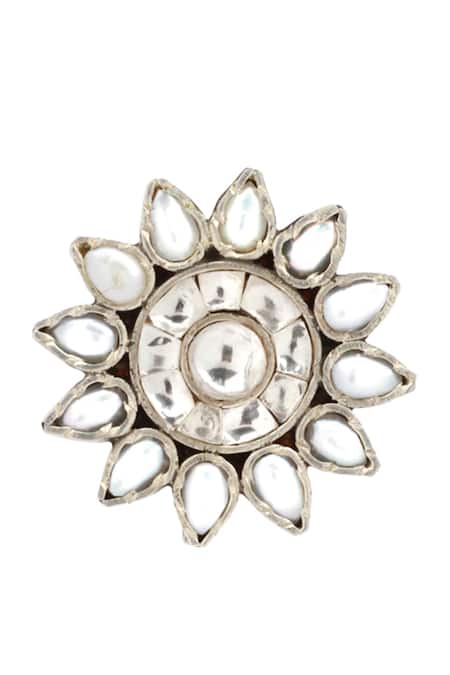 Shop_Sangeeta Boochra_Silver Plated Stones Floral Motif Stud Earrings _Online_at_Aza_Fashions