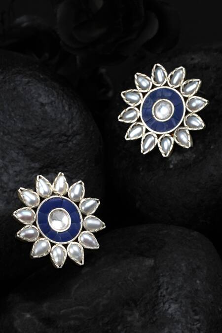 Buy_Sangeeta Boochra_Blue Stones Floral Motif Studs _Online_at_Aza_Fashions