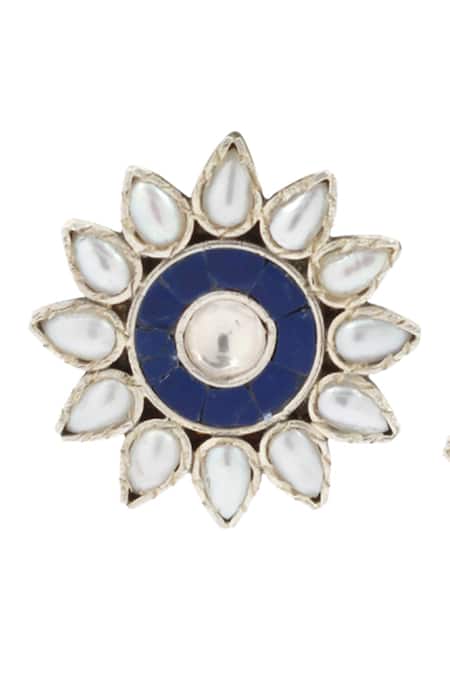 Shop_Sangeeta Boochra_Blue Stones Floral Motif Studs _Online_at_Aza_Fashions