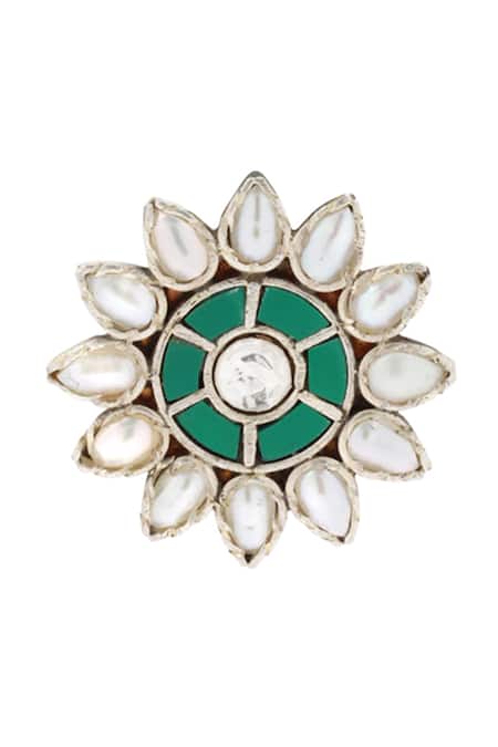 Shop_Sangeeta Boochra_Silver Plated Stones Floral Motif Handcrafted Studs _Online_at_Aza_Fashions