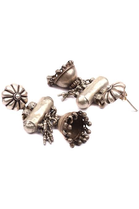 Sangeeta Boochra_Silver Plated Floral Carved Jhumkas _Online_at_Aza_Fashions