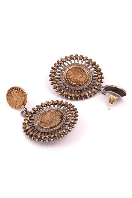 Sangeeta Boochra Brown Cut Work Antique Coin Dangler Earrings Online at Aza Fashions Sangeeta Boochra_Brown Cut Work Antique Coin Dangler Earrings _Online_at_Aza_Fashions