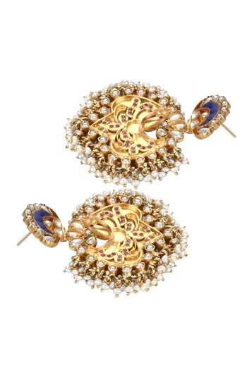 Sangeeta Boochra_Gold Plated Beads, Diamonds Floral Kundan Danglers _Online_at_Aza_Fashions