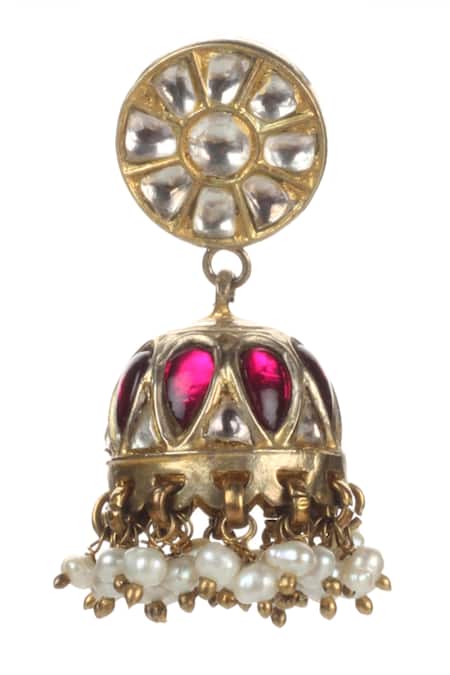 Shop_Sangeeta Boochra_Gold Plated Handmade Kundan Jhumkas _Online_at_Aza_Fashions