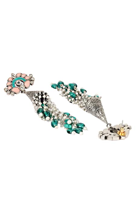 Sangeeta Boochra_Silver Plated Pearls, Stones Handcrafted Tassel Long Jhumkas _Online_at_Aza_Fashions