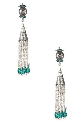 Shop Sangeeta Boochra Silver Plated Stones, Beads Long Jhumkas With Tassels at Aza Fashions Shop_Sangeeta Boochra_Silver Plated Stones, Beads Long Jhumkas With Tassels _at_Aza_Fashions