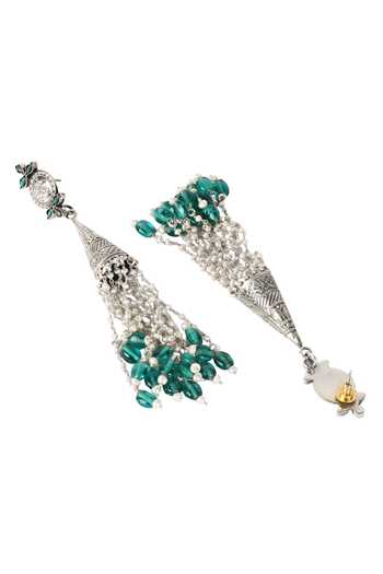 Sangeeta Boochra_Silver Plated Stones, Beads Long Jhumkas With Tassels _Online_at_Aza_Fashions