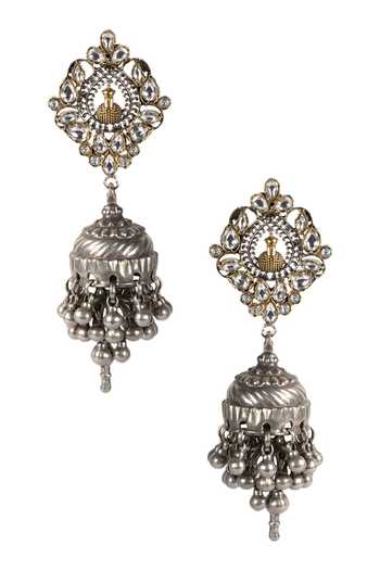 Shop Sangeeta Boochra Silver Plated Cut Work, Diamonds Kundan Cutwork Jhumkas at Aza Fashions Shop_Sangeeta Boochra_Silver Plated Cut Work, Diamonds Kundan Cutwork Jhumkas _at_Aza_Fashions