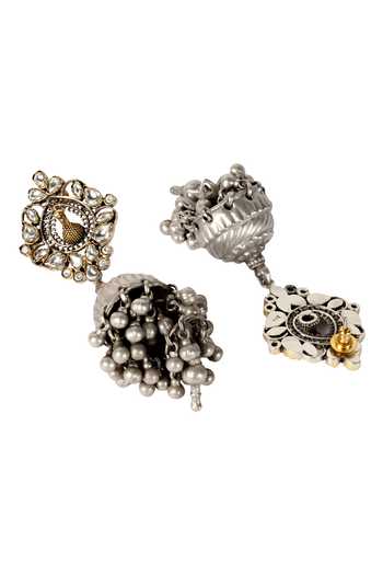 Sangeeta Boochra_Silver Plated Cut Work, Diamonds Kundan Cutwork Jhumkas _Online_at_Aza_Fashions