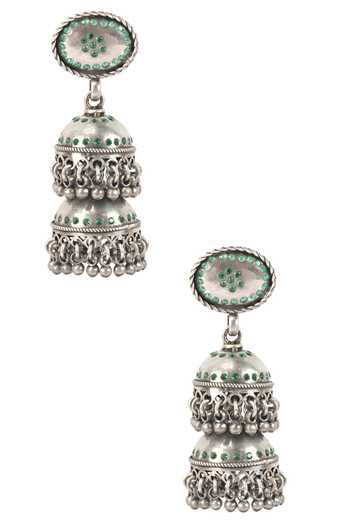 Shop Sangeeta Boochra Silver Plated Gota Patti Ghungroo Drop Earrings at Aza Fashions Shop_Sangeeta Boochra_Silver Plated Gota Patti Ghungroo Drop Earrings _at_Aza_Fashions