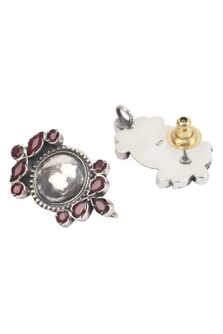 Sangeeta Boochra_Silver Plated Cut Work, Stones Circular Carved Studs _Online_at_Aza_Fashions
