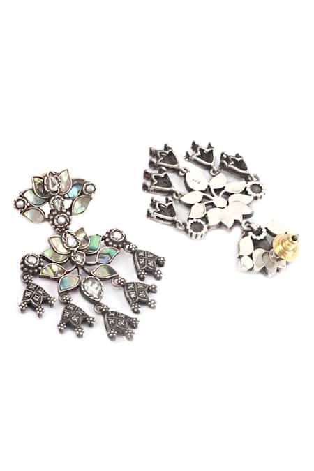 Sangeeta Boochra_Silver Plated Cut Work, Embroidery Carved Dangler Earrings _Online_at_Aza_Fashions