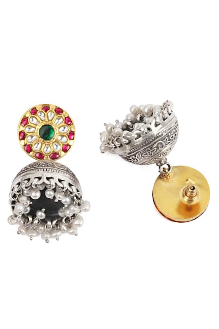 Sangeeta Boochra_Silver Plated Stones, Pearls Handcrafted Jhumkas _Online_at_Aza_Fashions