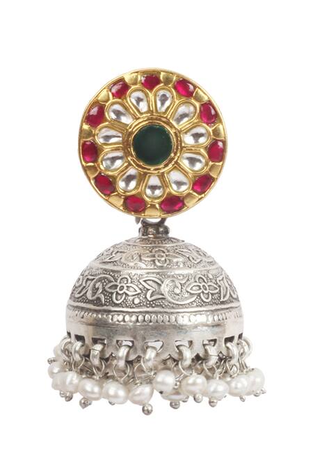 Buy_Sangeeta Boochra_Silver Plated Stones, Pearls Handcrafted Jhumkas _Online_at_Aza_Fashions