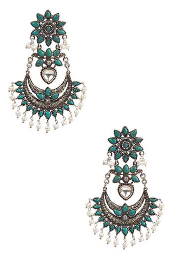 Shop Sangeeta Boochra Silver Plated Pearls, Stones Handcrafted Dangler Earrings at Aza Fashions Shop_Sangeeta Boochra_Silver Plated Pearls, Stones Handcrafted Dangler Earrings _at_Aza_Fashions