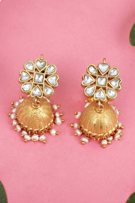 Sangeeta Boochra Silver Plated Semi-precious Stones And Pearls Handcrafted Jhumkas