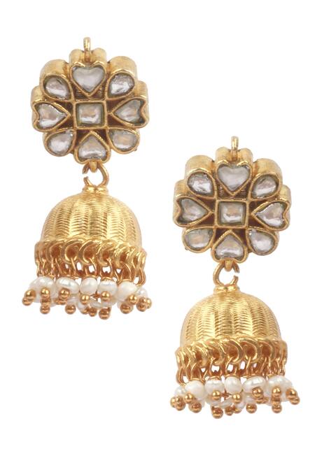Shop_Sangeeta Boochra_Silver Plated Stones, Pearls Handcrafted Jhumkas _at_Aza_Fashions