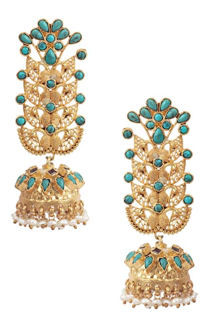 Sangeeta Boochra Gold Plated Stones, Pearls Handcrafted Long Jhumkas