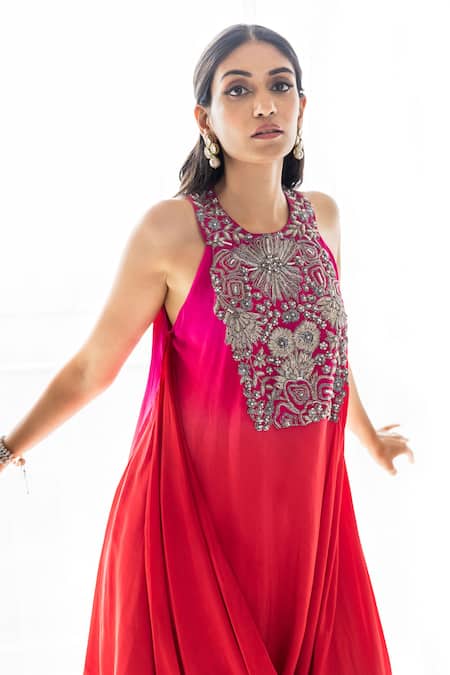 Sunita Bhandari_Red Viscose, Crepe Zari, Sequins Round Neck Draped Tunic And Pant Set _Online_at_Aza_Fashions