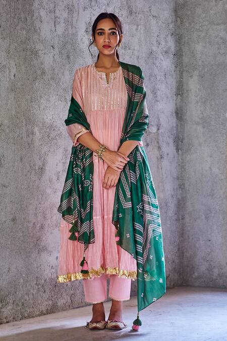 Shop_Shivani Bhargava_Green Organza Silk Bandhani Print Dupatta _Online_at_Aza_Fashions