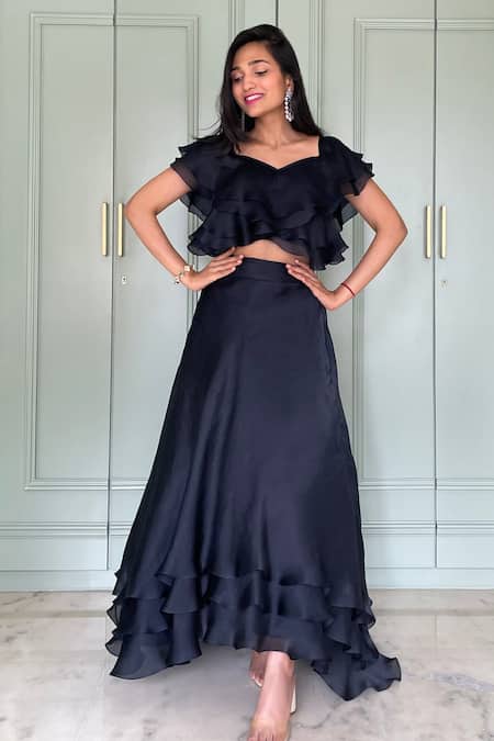 Elemente_Blue Aarna Ruffle Top And Skirt Set  _Online_at_Aza_Fashions
