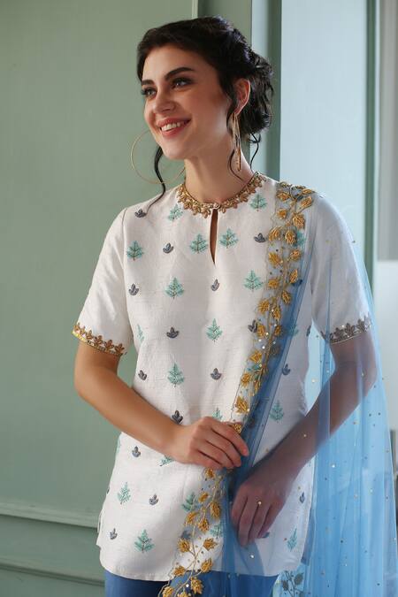Shop_House of Hiya_Blue Kurta Raw Silk And Shantoon Lining Sharara Cotton-satin & Set  _at_Aza_Fashions