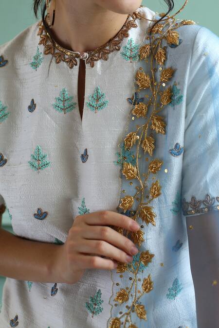 House of Hiya_Blue Kurta Raw Silk And Shantoon Lining Sharara Cotton-satin & Set  _Online_at_Aza_Fashions