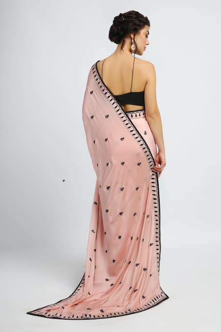 Shop_House of Hiya_White Cotton Satin Embroidered Saree  _at_Aza_Fashions