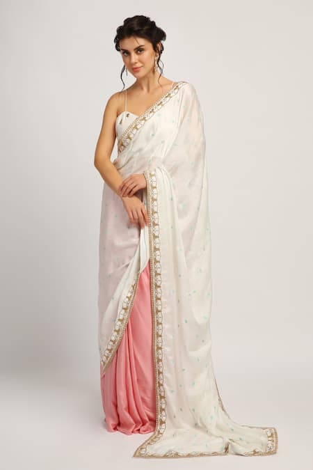 House Of Hiya_White Saree Cotton  Blouse Raw Embroidered _Online_at_Aza_Fashions