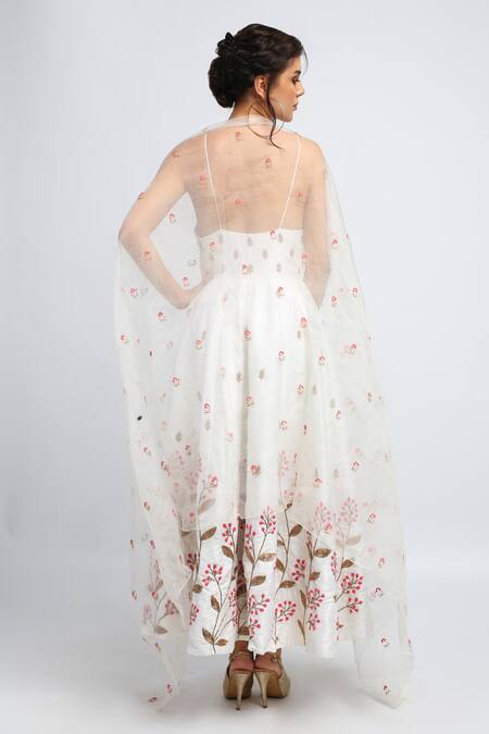 Shop_House Of Hiya_White Anarkali Raw And Shantoon Lining Dupatta Organza With  _at_Aza_Fashions