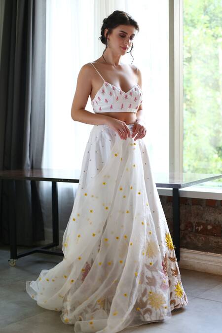 House Of Hiya_Blue Blouse Cotton Satin Lehenga Raw Silk And Shantoon Lining Embellished Set _Online_at_Aza_Fashions