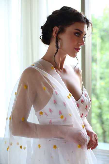 Buy_House Of Hiya_Blue Blouse Cotton Satin Lehenga Raw Silk And Shantoon Lining Embellished Set _Online_at_Aza_Fashions