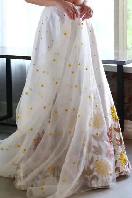 Shop_House Of Hiya_Blue Blouse Cotton Satin Lehenga Raw Silk And Shantoon Lining Embellished Set _Online_at_Aza_Fashions