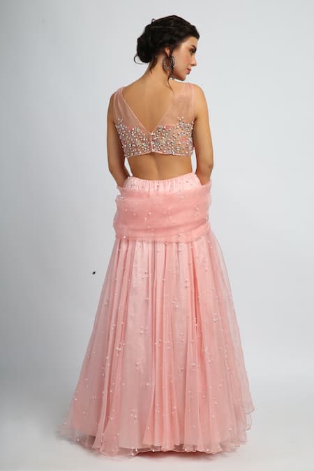 Shop_House Of Hiya_Pink Blouse Organza And Cotton Lining Lehenga Embellished Set _at_Aza_Fashions