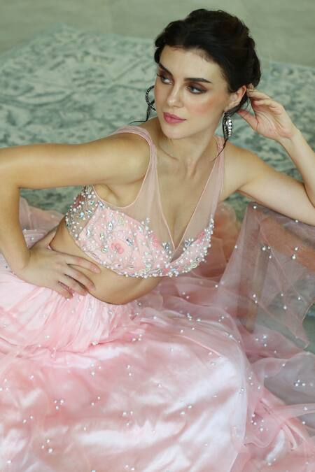 House Of Hiya_Pink Blouse Organza And Cotton Lining Lehenga Embellished Set _Online_at_Aza_Fashions