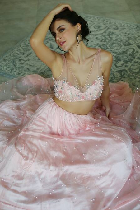 Buy_House Of Hiya_Pink Blouse Organza And Cotton Lining Lehenga Embellished Set _Online_at_Aza_Fashions