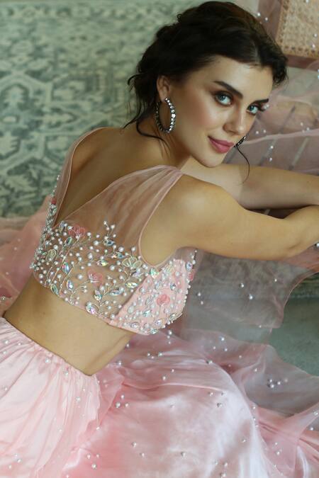Shop_House Of Hiya_Pink Blouse Organza And Cotton Lining Lehenga Embellished Set _Online_at_Aza_Fashions