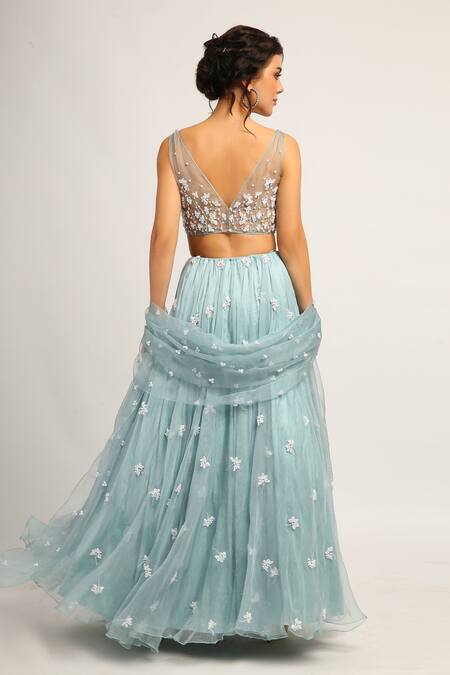 Shop_House Of Hiya_Blue Blouse Organza And Cotton Lining Lehenga Embellished Set _at_Aza_Fashions