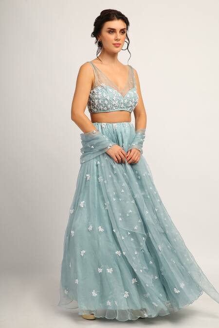 House Of Hiya_Blue Blouse Organza And Cotton Lining Lehenga Embellished Set _Online_at_Aza_Fashions