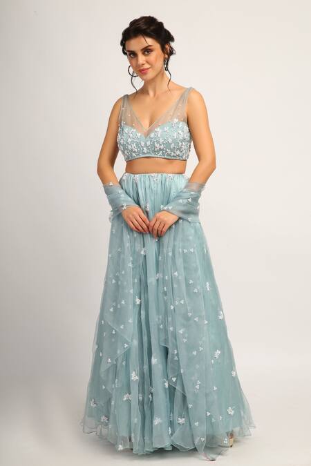 Buy_House Of Hiya_Blue Blouse Organza And Cotton Lining Lehenga Embellished Set _Online_at_Aza_Fashions