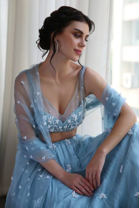Shop_House Of Hiya_Blue Blouse Organza And Cotton Lining Lehenga Embellished Set _Online_at_Aza_Fashions