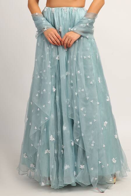House Of Hiya_Blue Blouse Organza And Cotton Lining Lehenga Embellished Set _at_Aza_Fashions