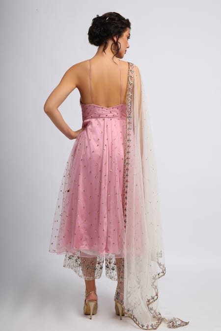 Shop_House of Hiya_Pink Kurta Swiss Net And Satin Lining Culottes Silk Anarkali Set  _at_Aza_Fashions