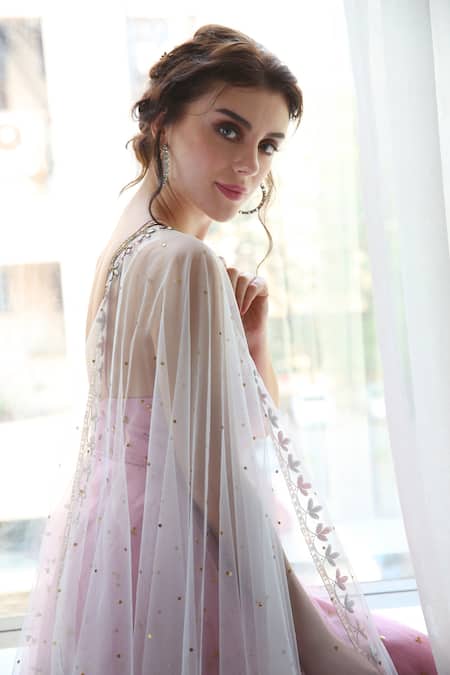House of Hiya_Pink Kurta Swiss Net And Satin Lining Culottes Silk Anarkali Set  _at_Aza_Fashions