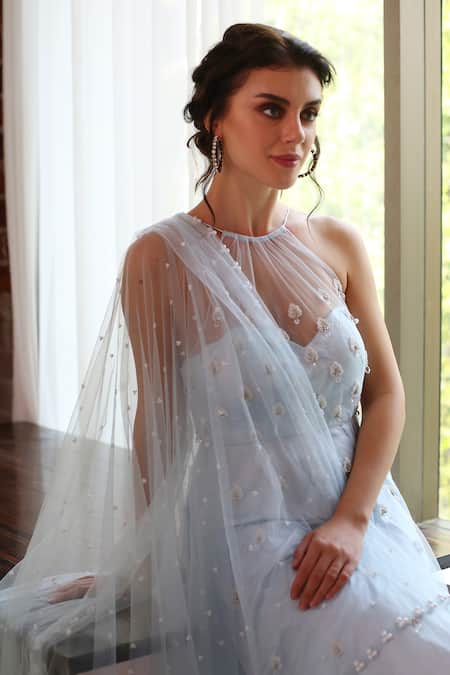 Shop_House of Hiya_Blue Kurta And Sharara Swiss Net & Satin Lining Dupatta Anarkali Set  _at_Aza_Fashions