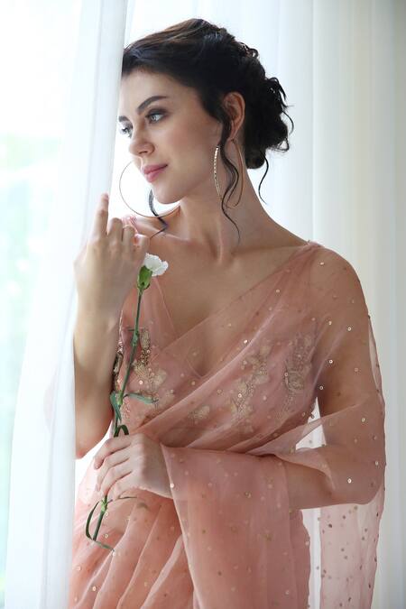 House Of Hiya Orange Saree Silk Organza Blouse Swiss Net And Satin Lining V Embroidered With Online at Aza Fashions House Of Hiya_Orange Saree Silk Organza Blouse Swiss Net And Satin Lining V Embroidered With _Online_at_Aza_Fashions