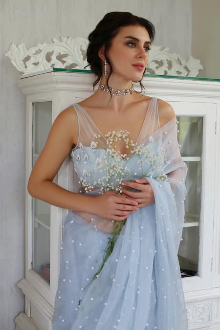 House Of Hiya_Blue Saree Silk Organza Blouse Swiss Net And Satin Lining V Embroidered With _Online_at_Aza_Fashions