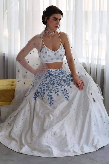 Shop_House of Hiya_Blue Blouse Cotton Satin Lehenga Raw Silk And Shantoon Lining Set  _at_Aza_Fashions