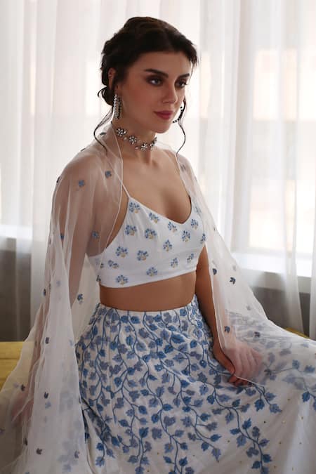 House of Hiya_Blue Blouse Cotton Satin Lehenga Raw Silk And Shantoon Lining Set  _Online_at_Aza_Fashions