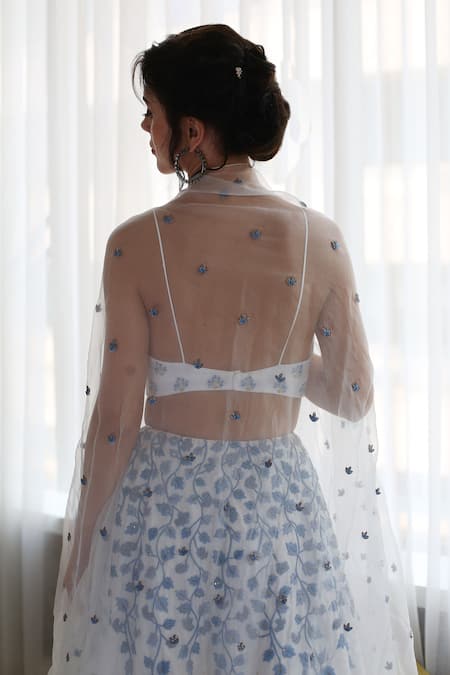 Buy_House of Hiya_Blue Blouse Cotton Satin Lehenga Raw Silk And Shantoon Lining Set  _Online_at_Aza_Fashions